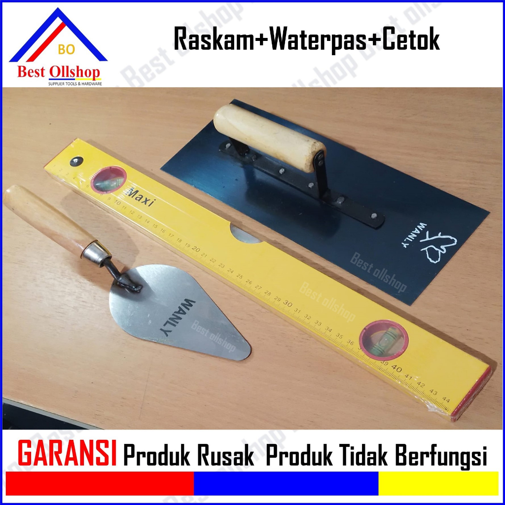 Sendok Semen Gagang Kayu 6 Inch Lancip + Raskam + Waterpass Harga 1 Paket