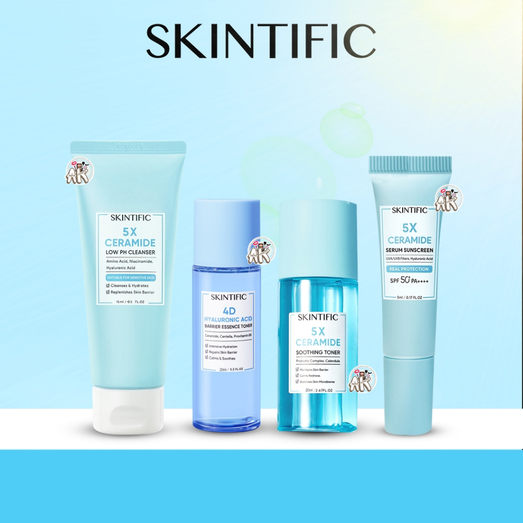 SKINTIFIC TRAVEL SIZE SKINCARE ( CLEANSER LO PH 5X CERAMIDE / TONER HYA - ACID BARRIEIR / TONER CERAMIDE SOOTHING / SERUM SUNSCREEN CERAMIDE )