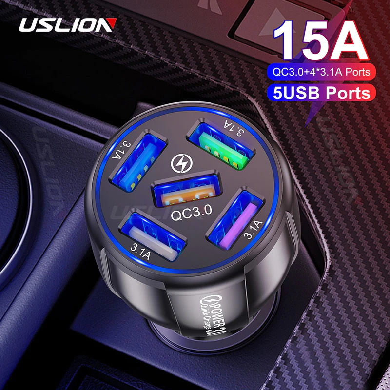 USLION Car Charger Mobil USB 5 Port QC 3.0 15A - BK-359