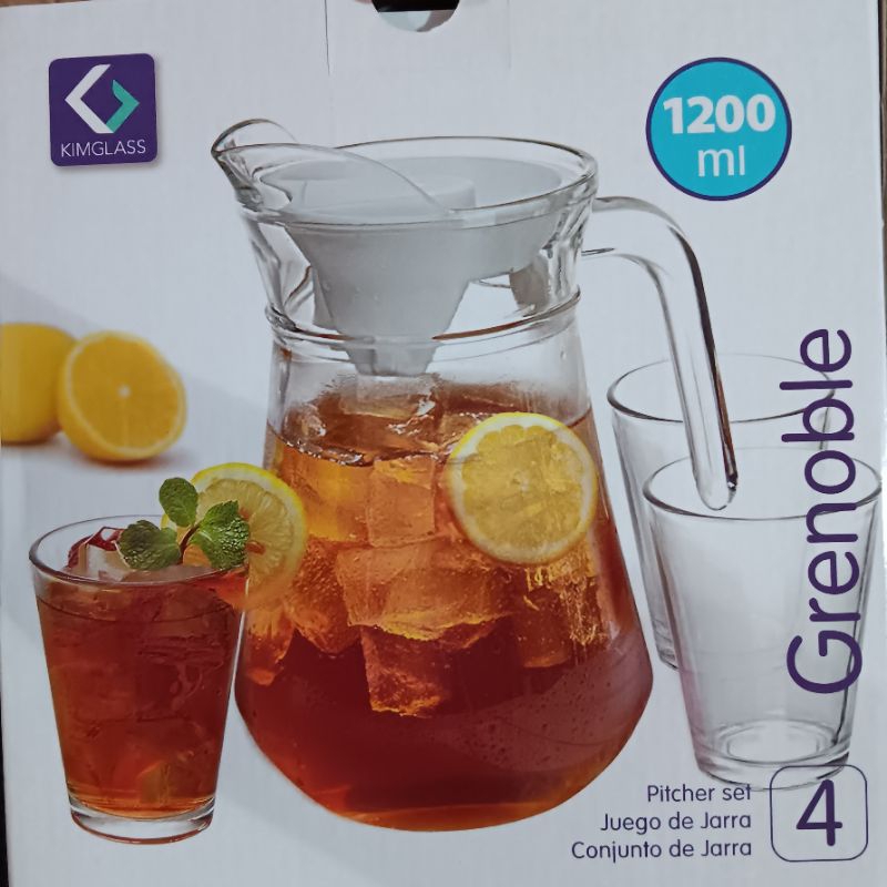 KIMGLASS 4pcs Teko Set Gelas Cangkir Beling Glass Kaca 4 RIO Motif Bola/Tea Pot Set Jug Pitcher+Tham