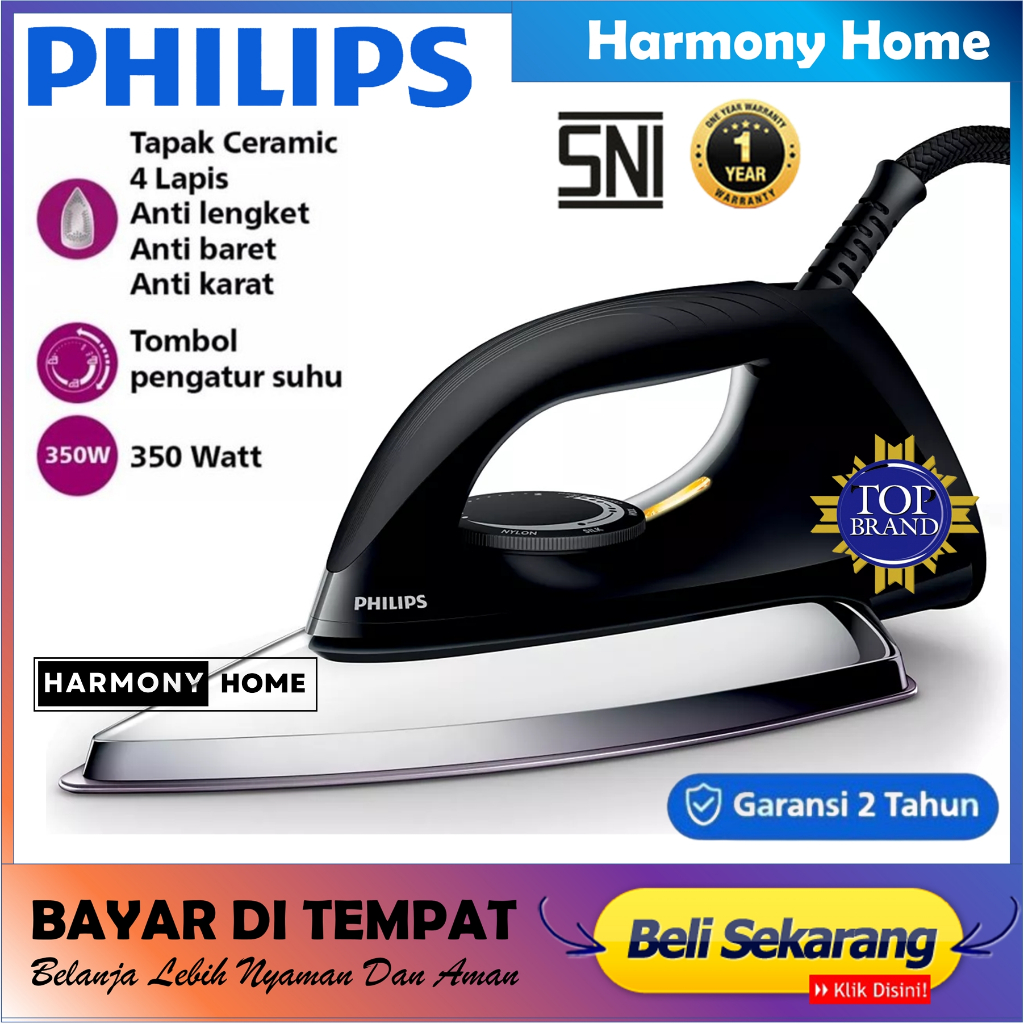 Philips Classic Setrika kering HD1173/80 - Hitam, Tapak Ceramic 4 Lapis, Lebih Tahan Lama, Anti-Baret, Anti-Lengket