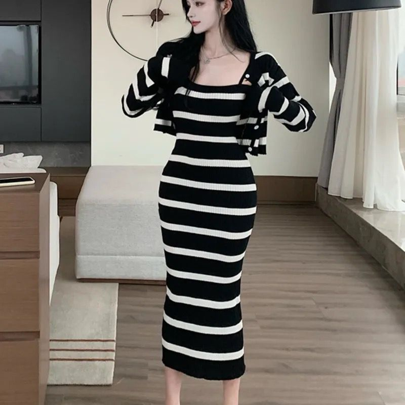 Basic id fashion Dres rajutwanita / Dres stripe 1 set + cardigan / Dres korean style