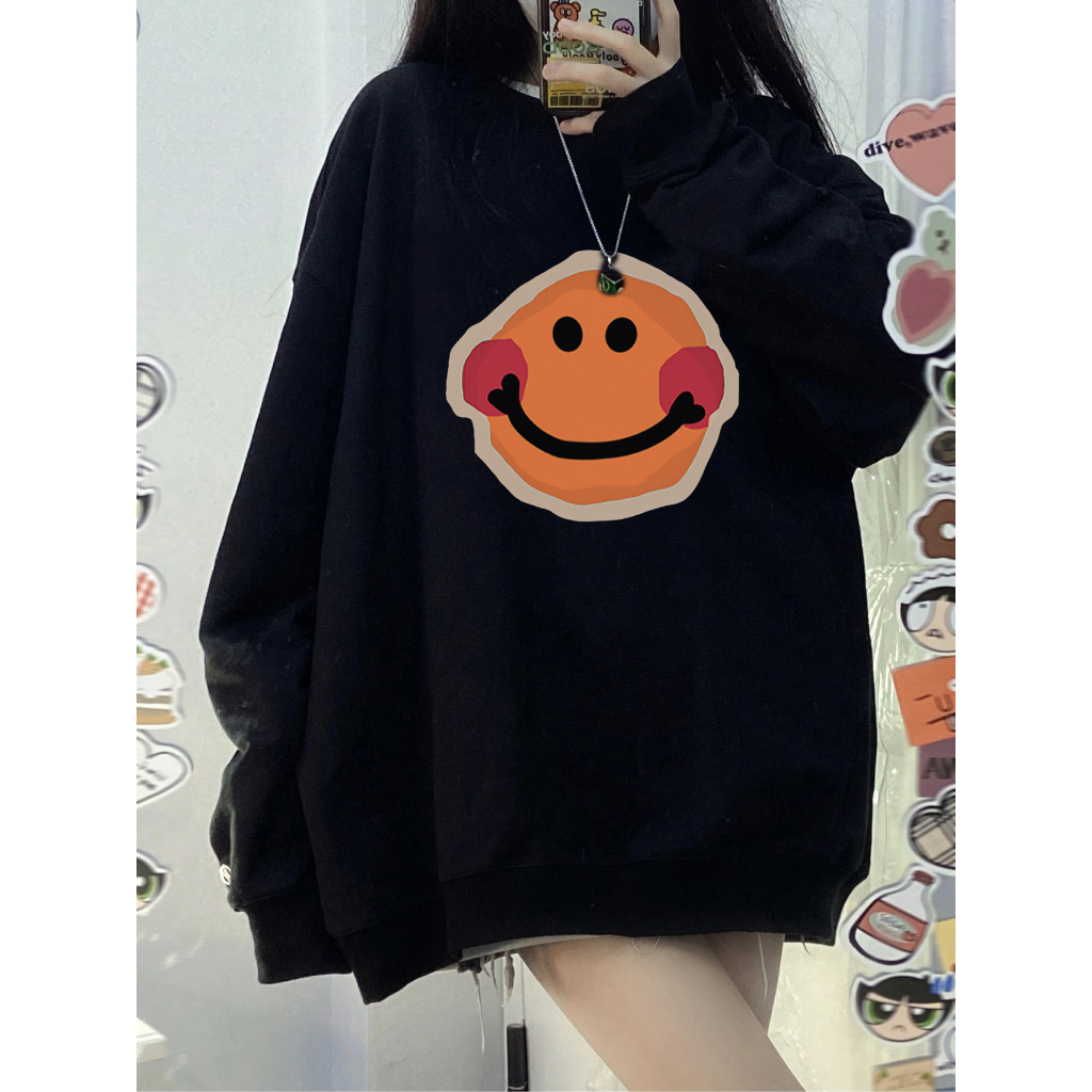 EUNII Sweater Lengan Panjang Cartoon Smile Printing Korean Style/Sweater Crop/Baju Wanita/Switer Wanita/Switer