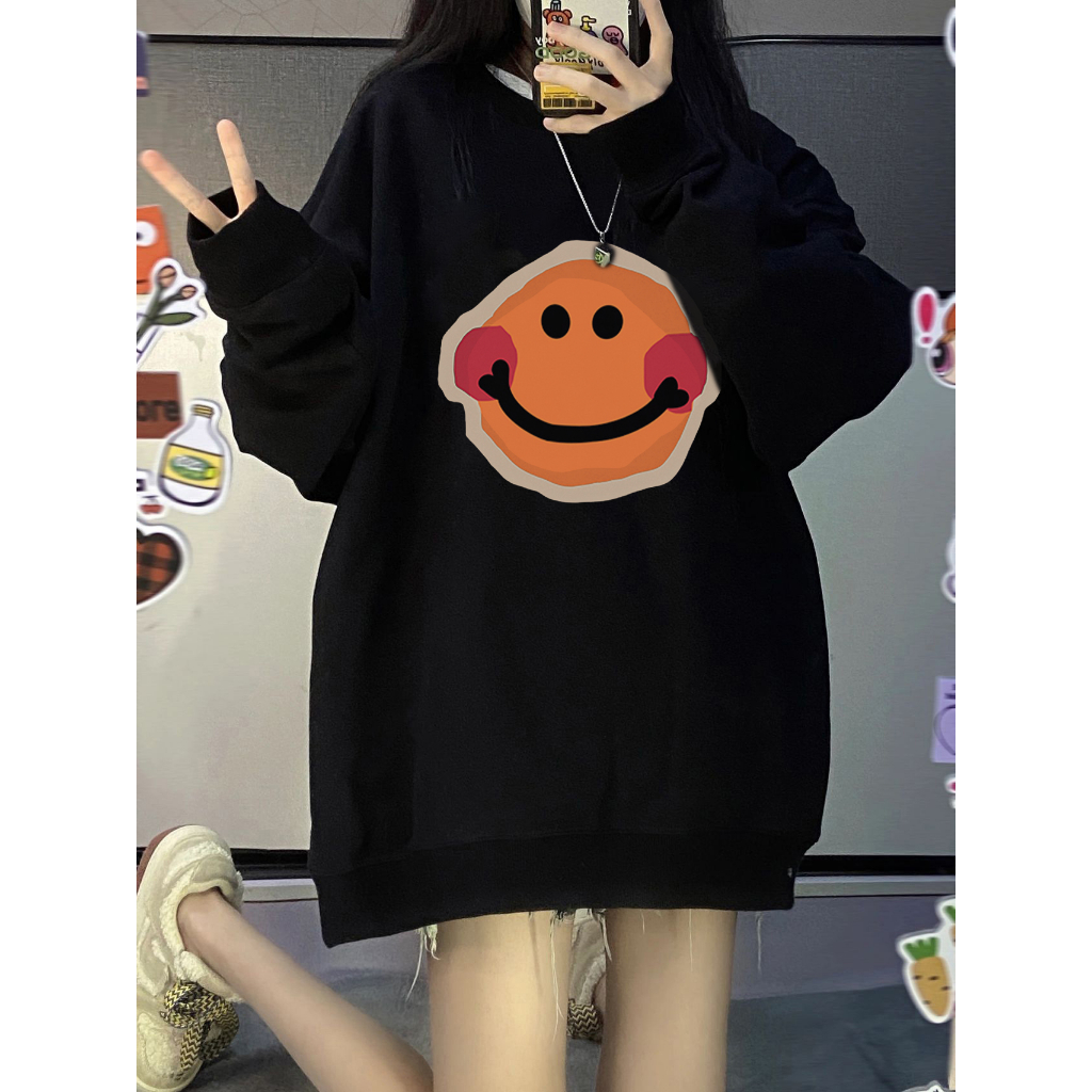 EUNII Sweater Lengan Panjang Cartoon Smile Printing Korean Style/Sweater Crop/Baju Wanita/Switer Wanita/Switer