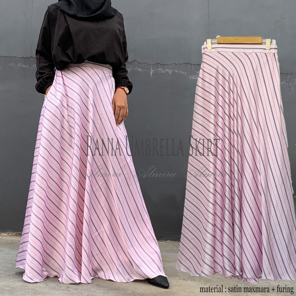 Rok Payung Panjang Hitam Putih Garis Garis  Rania Umbrella Skirt Almira