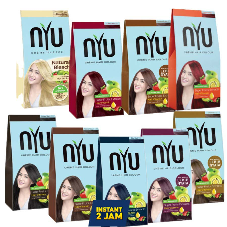 NYU CREME HAIR COLOUR Pewarna Rambut/ Cat Rambut Natural (TANPA AMONIA) Black Brown Blue Bleaching R