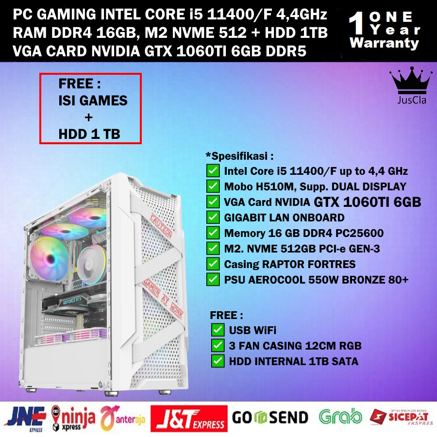 PC GAMING/EDITING Intel Core i5 11400 4,4GHz/F|RAM 16GB|NVME 512GB|VGA GTX 1060TI 6GB|HDD 1TB|WIFI, PC Gaming/EDITING GENERASI 11