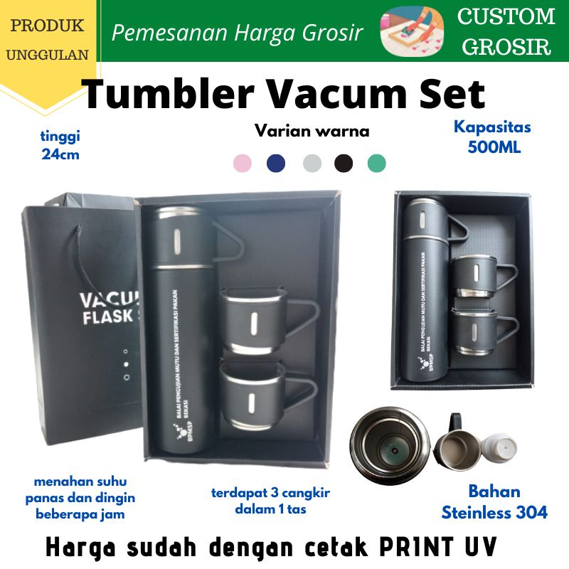 CUSTOM GROSIR ECERAN TERMOS TUMBLER VACUM SET 500ML DENGAN 3 GELAS 304 SUDAH CUSTOM PRINT UV NAMA LOGO SOUVENIR PROMOSI