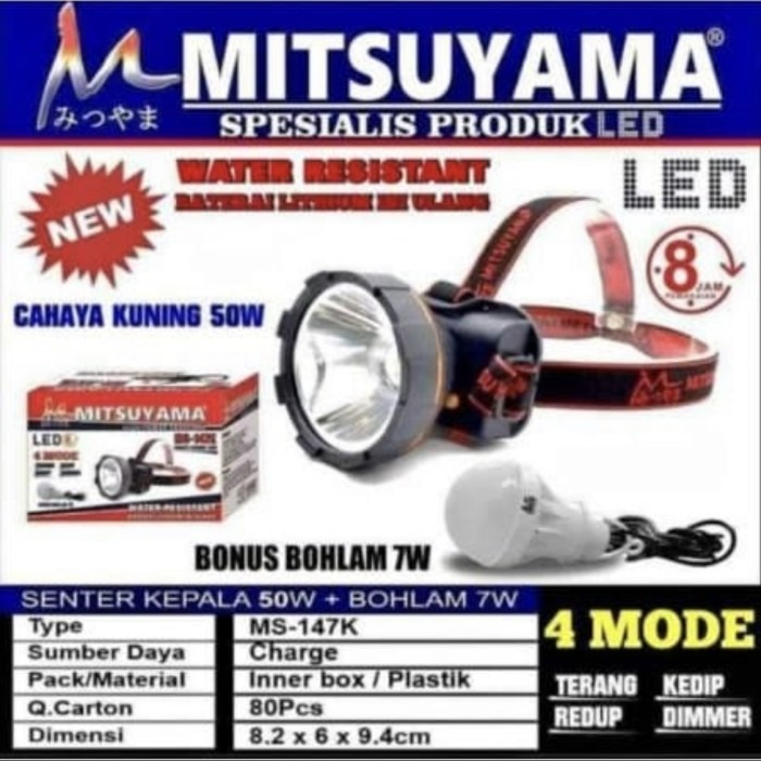 SENTER KEPALA LED CAHAYA KUNING MITSUYAMA HEADLAMP LED WATER RESISTANT