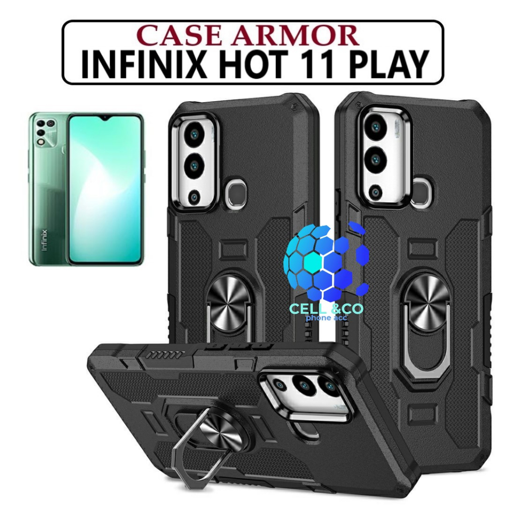 Case Armor INFINIX HOT 11 PLAY Iring Cincin Magnetic Kesing Hp Protect kamera Premium Hard Case Standing Robot Pelindung Kamera