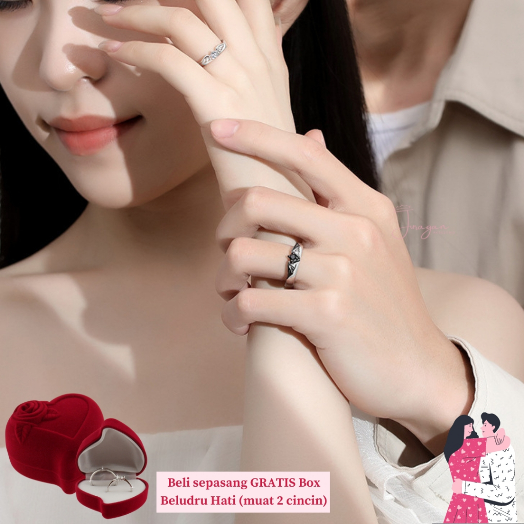 [UKIR NAMA] Cincin Couple Black Silver Wings S32 Adjustable Ailoviu Original Perak Untuk Pasangan Hadiah Valentine Kado Gift