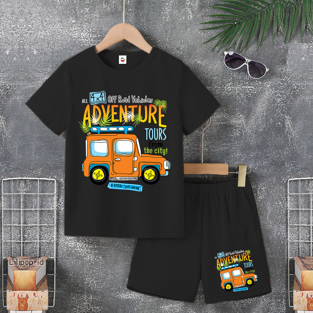 Baju Anak Stelan Usia 4-10 Tahun adventure Kaos 3/4 Cowok Cewek  Celana Pendek Harian