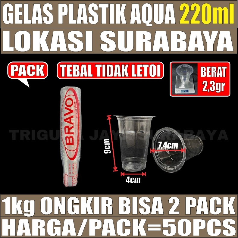 Gelas Plastik Bening Aqua 220ml Per Pack Cup Kopi Tahan Panas Murah SBY