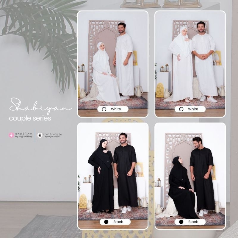 SHABIYAN Couple Shellco Hijab Hitam Putih Abaya Thobe Katun Toyobo