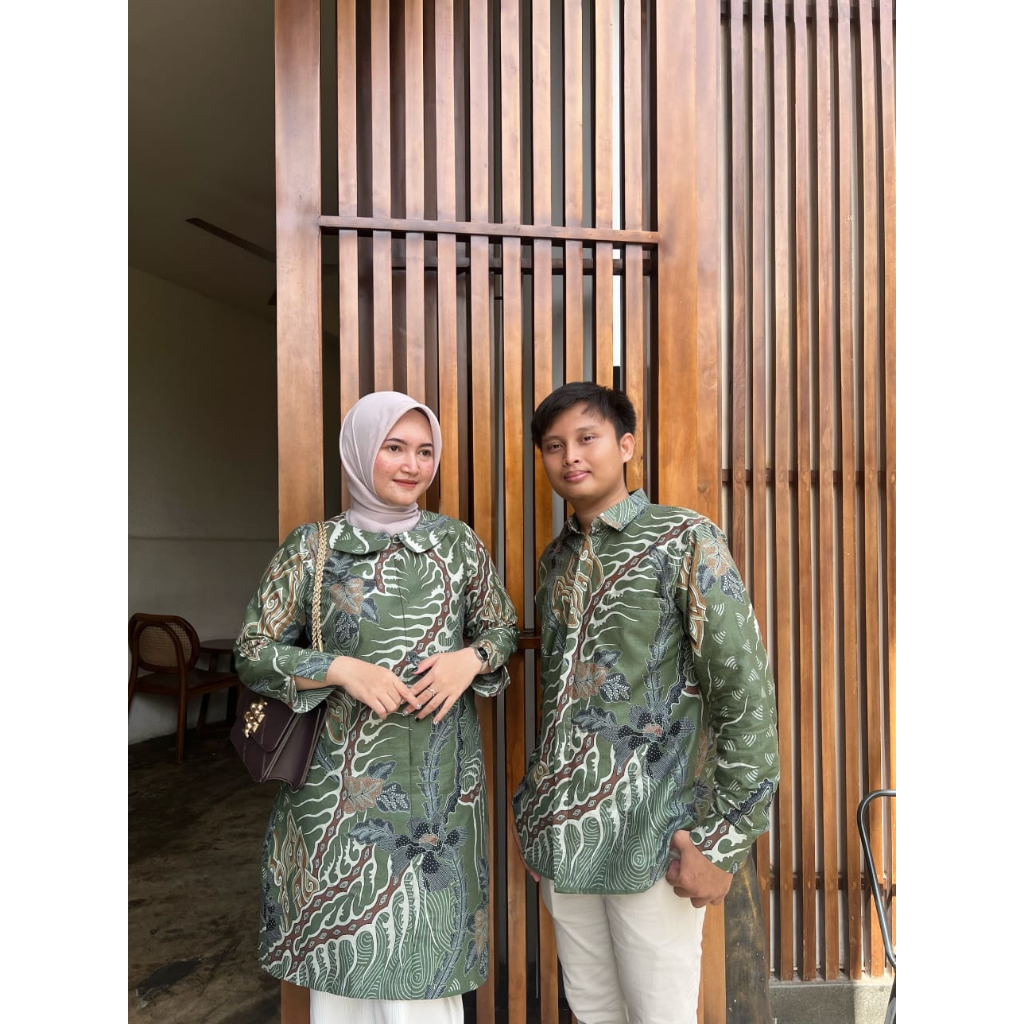 Batik Couple Pria dan Wanita Set Pasangan Slimfit Motif Keshwari Olive Green