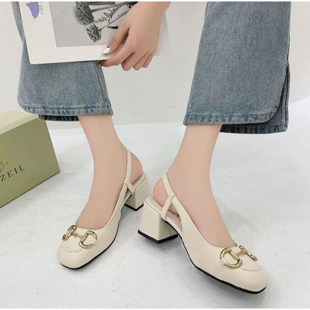 SSZ0002 Heels Wanita Fashion Import Horsebit Hak Tahu Dengan Tali Belakang Ready Jakarta Bisa COD (With Box)