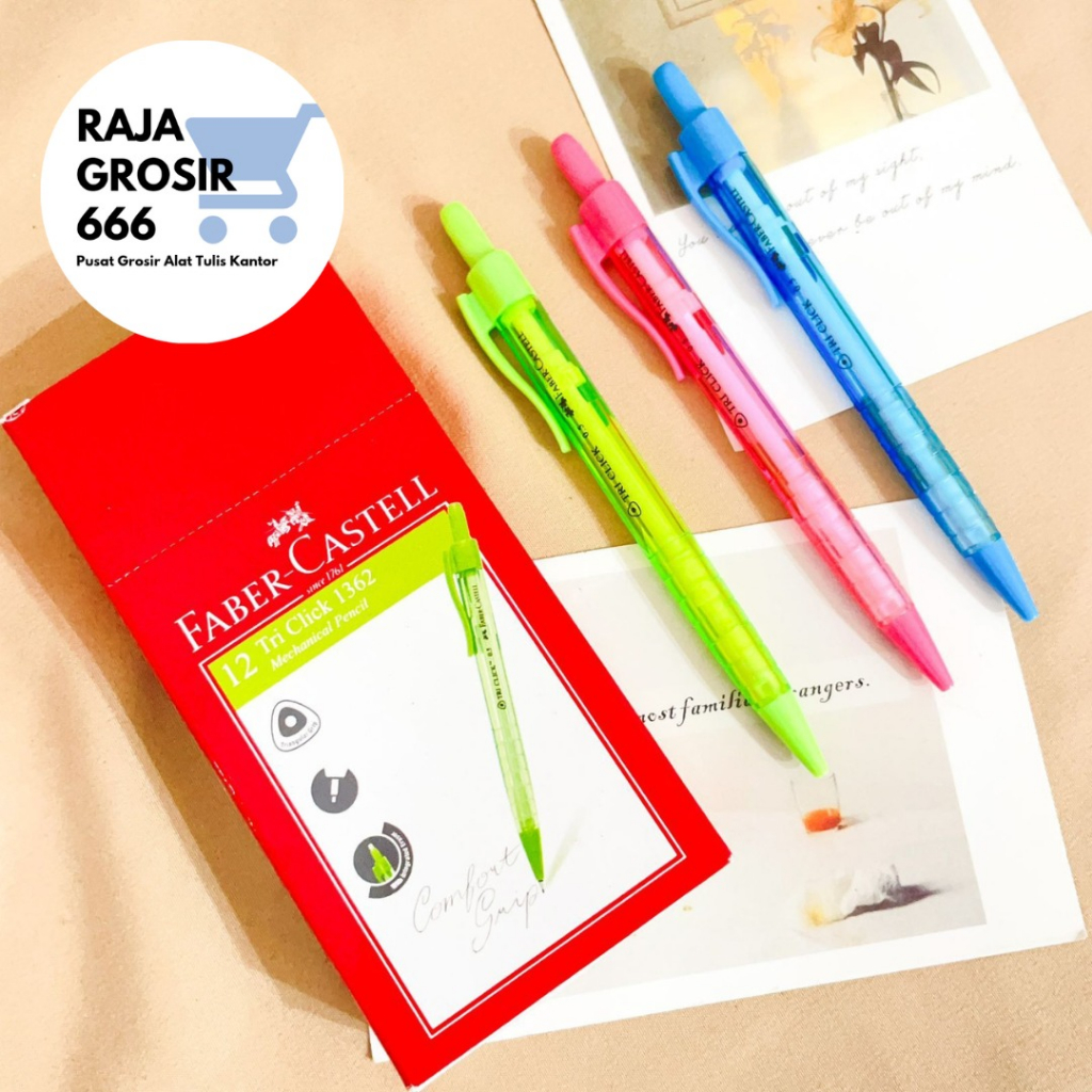 

Pensil cetek Faber Castell Tri Click dengan penghapus putar di atas alat tulis sekolah
