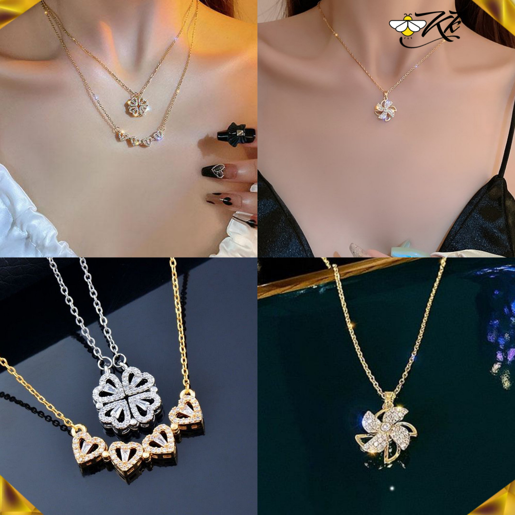 Import Kalung Titanium Layer Rantai Klavikula Liontin Hati Kristal Bunga Daisy kupu-kupu Bear Angsa Bahan Lapisan Emas 24K Aksesoris Fashion Korea Jewelry Necklace