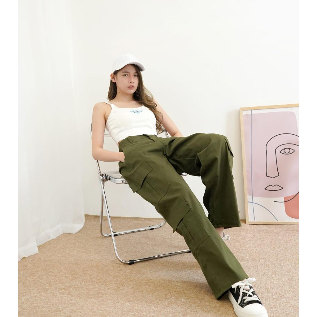 Celana Cargo Wanita bahan Katun | Celana Kargo Highwaist Loose Zaniya HOPYLOVY