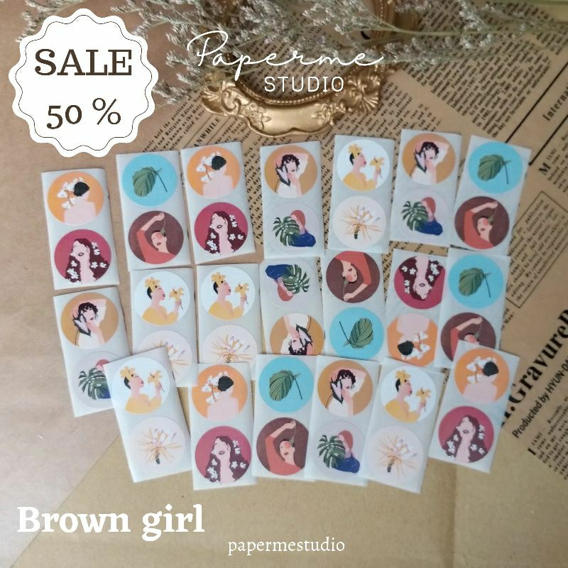 

Isi 40 pcs seal sticked girl brown aesthetic journaling packing scrapbook by Papermestudio