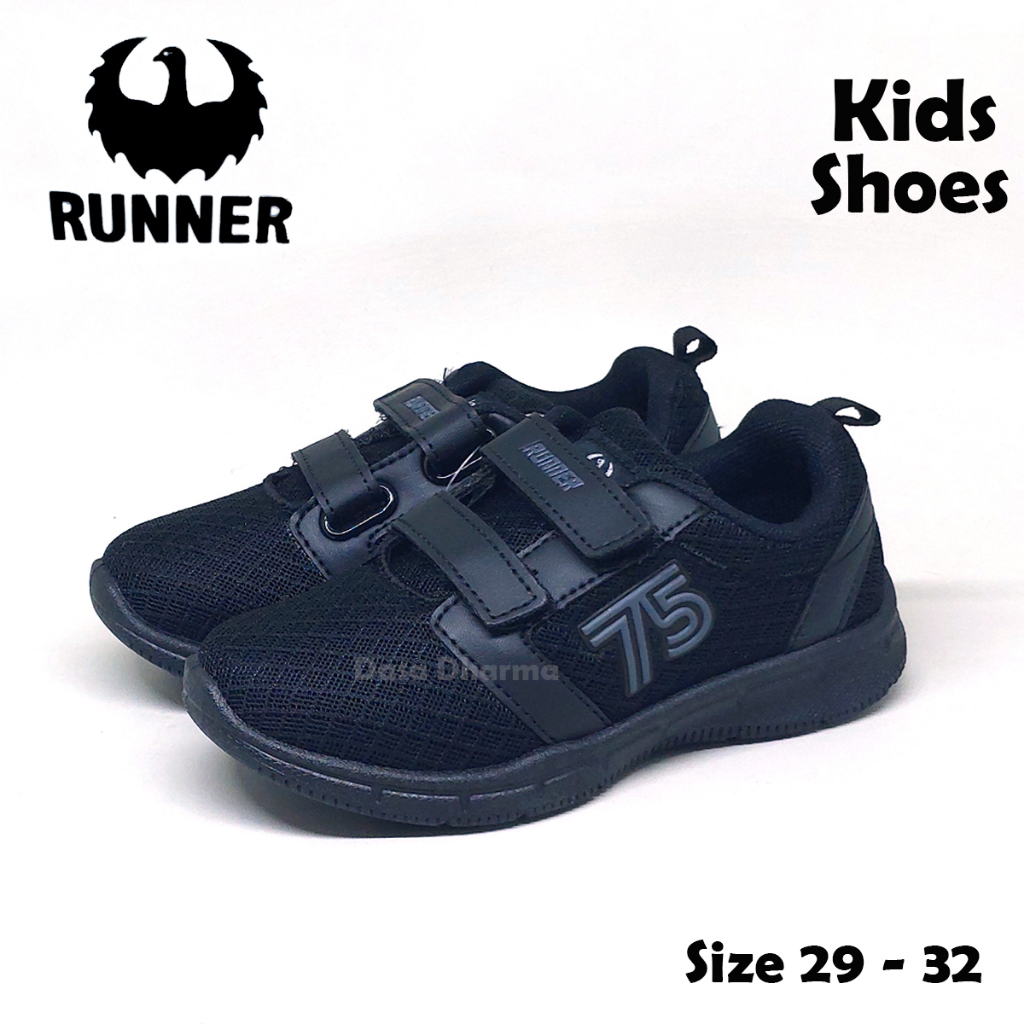 Sepatu Runner Anak Prepet Sekolah TK SD Perekat Hitam Polos Size 29 -32