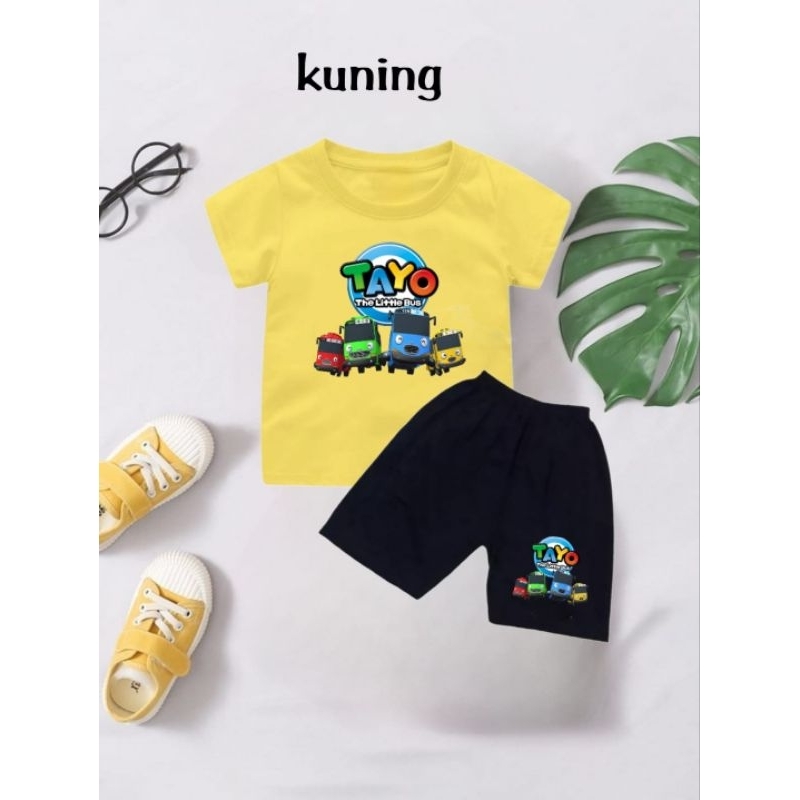 Setelan Baju Kaos Anak Laki Laki Bus Tayo usia 1-9tahun