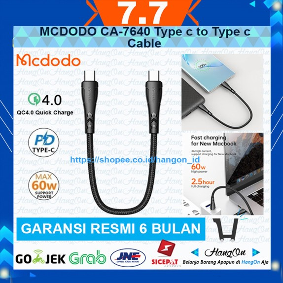 Mcdodo CA-7640 Type C to Type C Kabel Data PD 60Watt 4A 20CM Pendek Powerbank