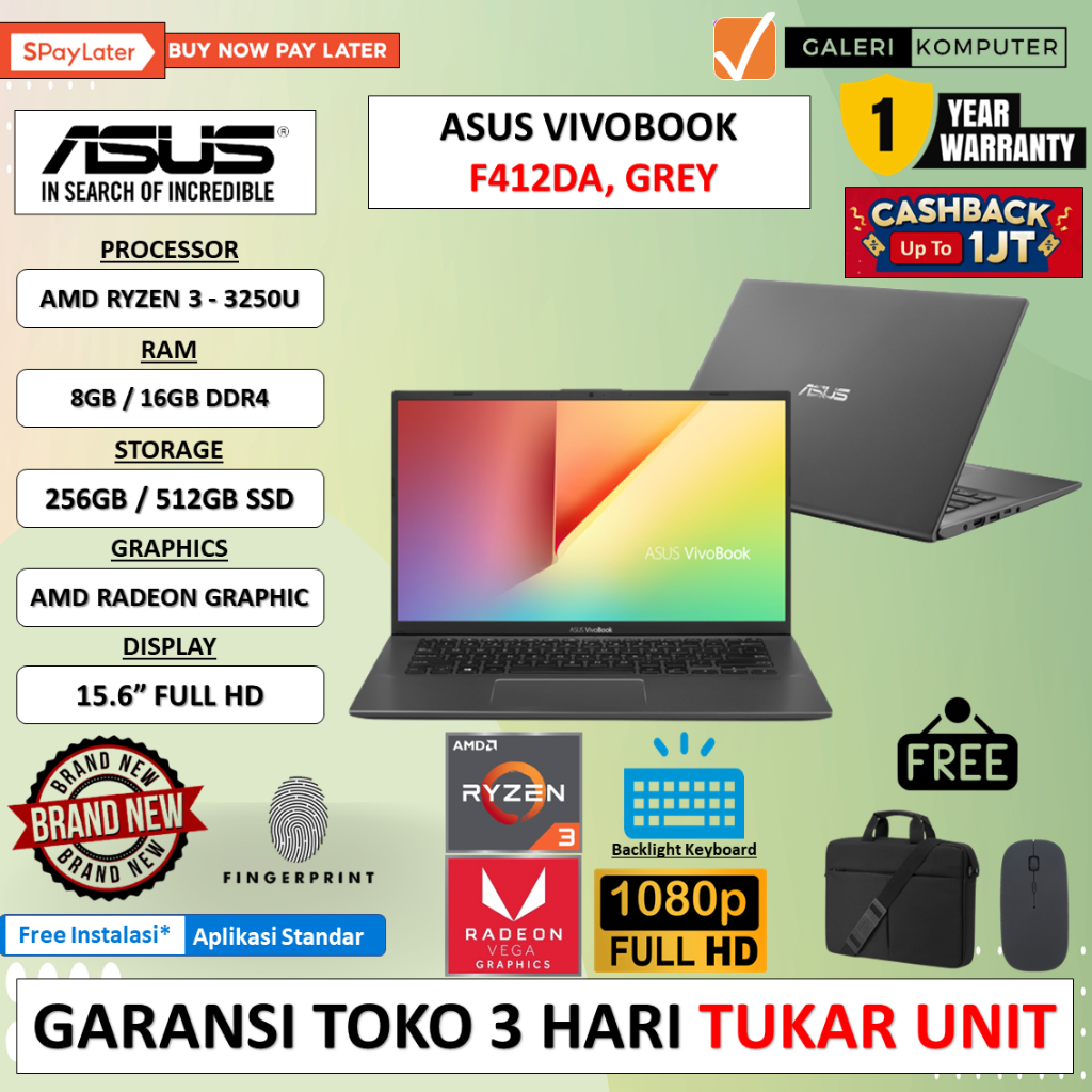 Laptop Asus Vivobook F412DA Amd Ryzen 3 3250u ram 12gb 512gb ssd 14 fhd backlight windows 10 grey