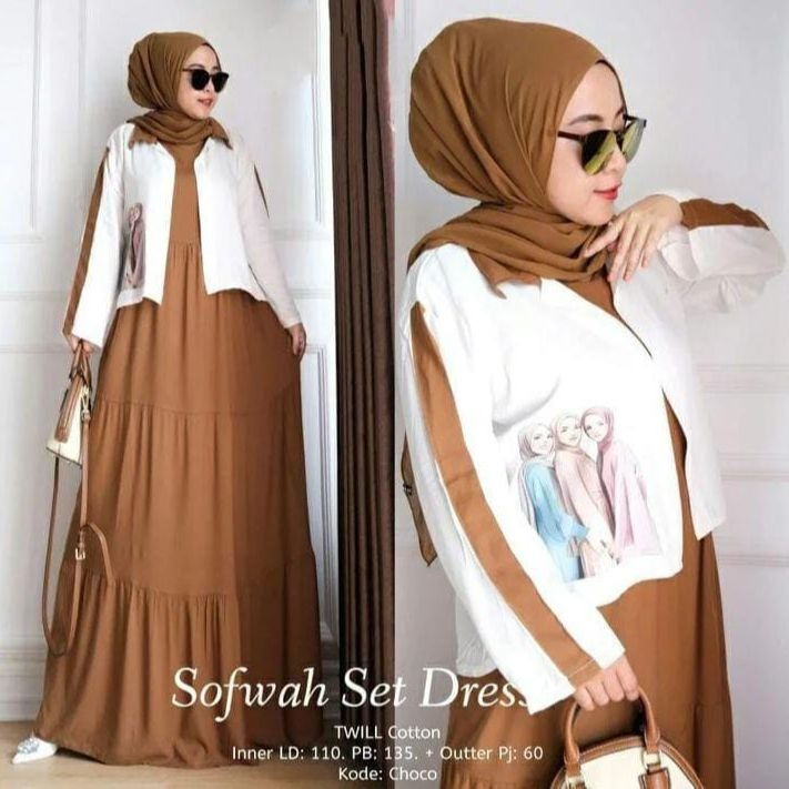 GAMIS SET OUTHER SOFWAH SET BAHAN KATUN RAYON APLIKASI SABLON DAPAT INNER DAN OUTER LD 110 CM P.INNER 135 CM P.OUTER 60 CM P.TANGAN 55 CM SETELAN WANITA TERBARU 2023 KEKINIAN / ONE SET BAJU MUSLIM MODERN / SETELAN GAMIS TERBARU WARNA