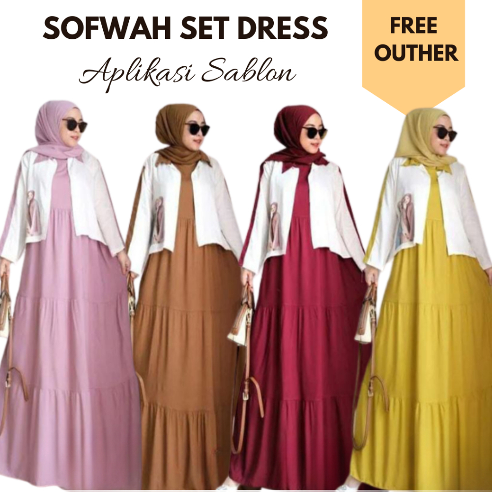 GAMIS SET OUTHER SOFWAH SET BAHAN KATUN RAYON APLIKASI SABLON DAPAT INNER DAN OUTER LD 110 CM P.INNER 135 CM P.OUTER 60 CM P.TANGAN 55 CM SETELAN WANITA TERBARU 2023 KEKINIAN / ONE SET BAJU MUSLIM MODERN / SETELAN GAMIS TERBARU WARNA