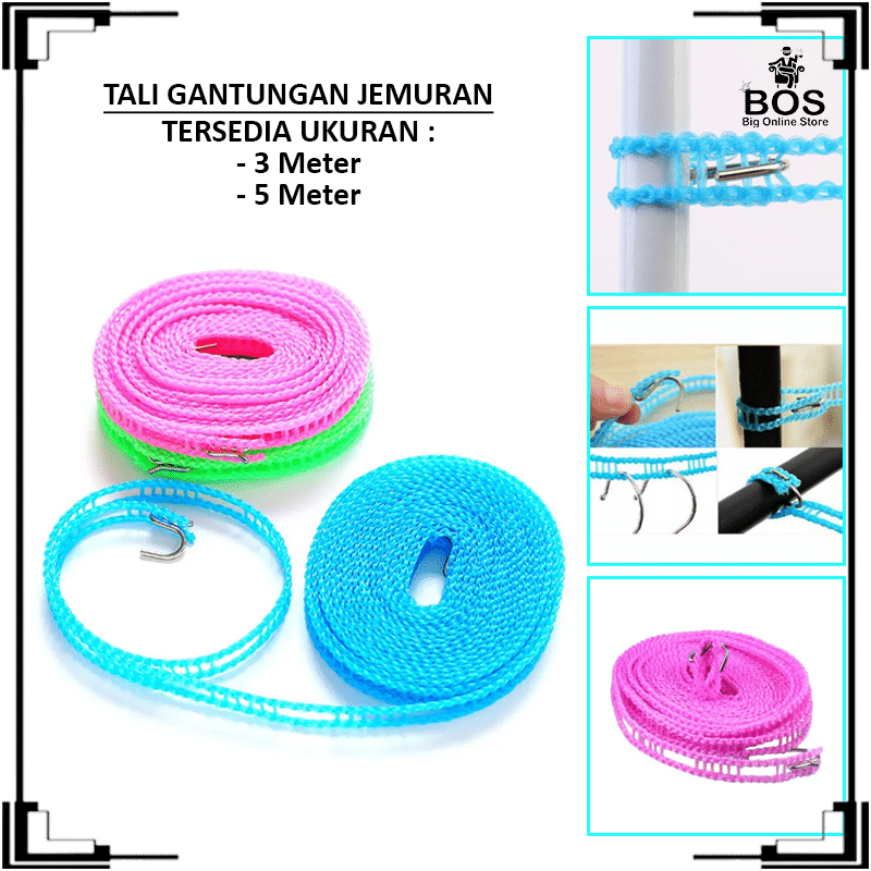 BOS - TALI GANTUNGAN JEMURAN BAJU PORTABLE HOOK UKURAN 3METER DAN 5METER