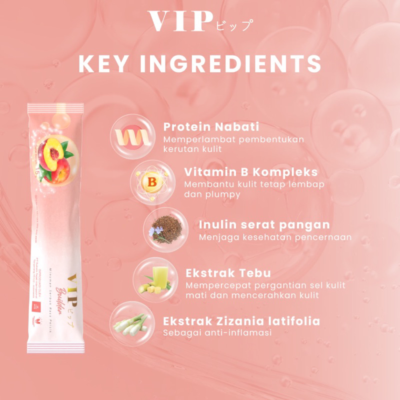 VIP Builder Collagen Peach Plant based minuman kolagen kecantikan kulit pink vegan vegetarian box travel 5 15 sachet