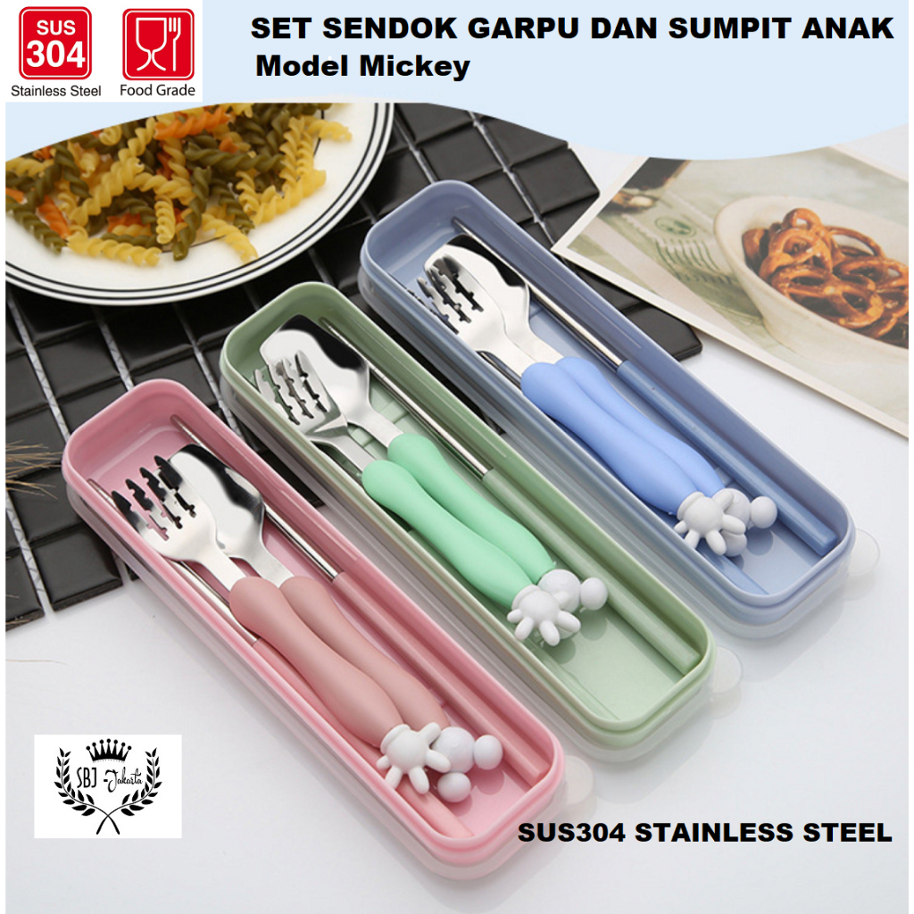 Alat makan Sendok Garpu sumpit Set sendok garpu sumpit anak Mickey 304 Stainless Steel