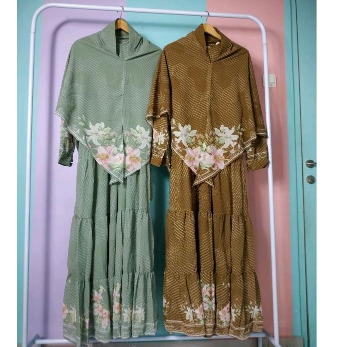 Gamis ceruty babydoll KIRANA KAMILAH ori bermerks set Segiempat Motif Adinda Felisa terbaru bunga printing