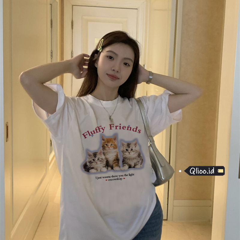 Print T-shirt Kaos Lengan Pendek Cartoon Cat Printing Oversize Atasan Wanita Korean Style