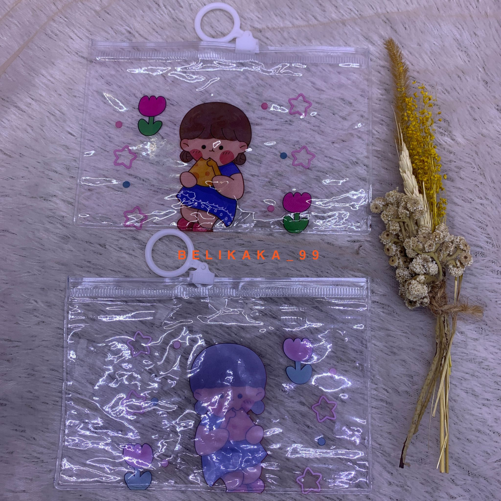 POUCH MIKA TRANSPARAN MOTIF KARAKTER CEWE LOVE BUNGA BERUANG / POUCH MIKA MULTIFUNGSI / ZIPPER BAG / POUCH SERBAGUNA TRANSPARAN
