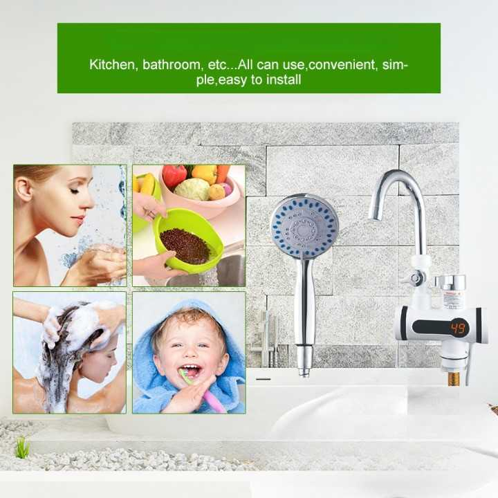 Keran Pemanas Air dengan Hand Shower Electric Hot Cold Faucet Efisien Kran Ubah Air Panas Dingin LCD Tampilkan Suhu