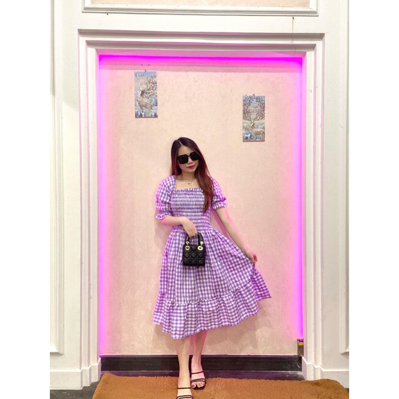 RD FASHION - SMOCKED DRESS / Gaun musim panas kasual baru Lengan pendek smocked dress lipit bunga dengan dasi belakang / gaun kasual A-line gaun smocked berlipat bunga lengan pendek-KOTAK UNGU