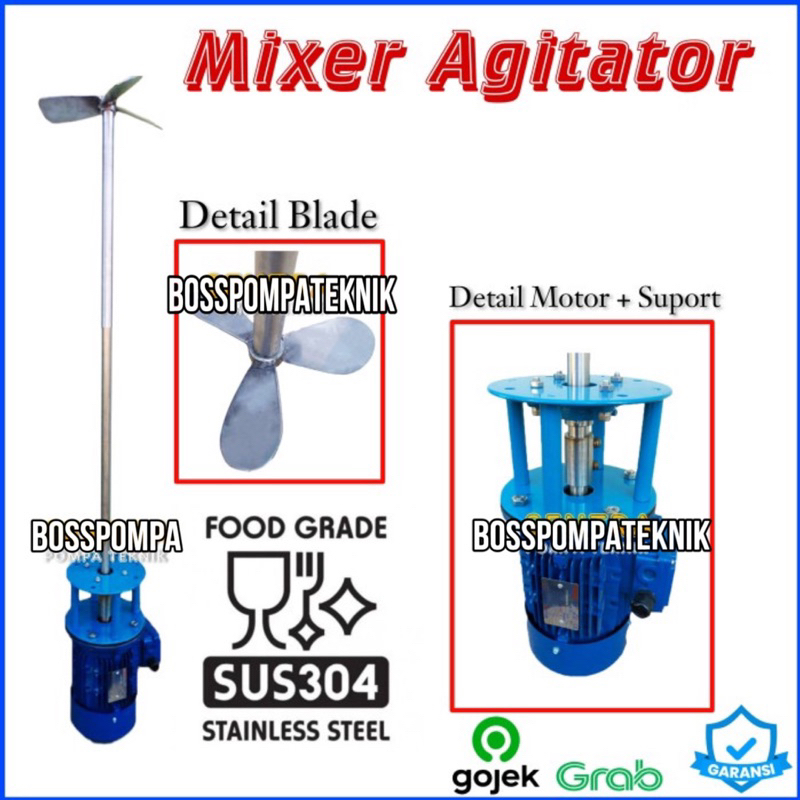 Mixer agitator kimia SS304 1,1KW 1,5HP 380V 2P Agitator Mixer Kimia