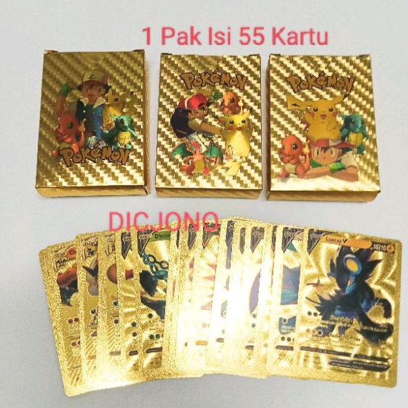 GROSIR Mainan 55 Pcs  Kartu Pokemon Pikachu Gold Emas & Black / Trading Card Game