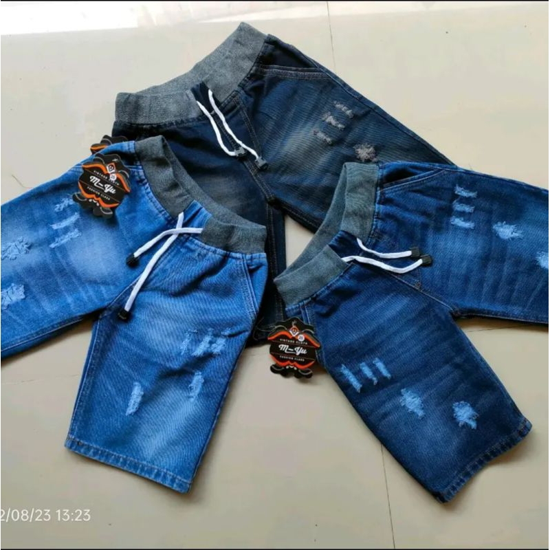 100rb 2 pcs Celana Pendek Jeans Pinggang Karet Tali Serut Sobek Tembus