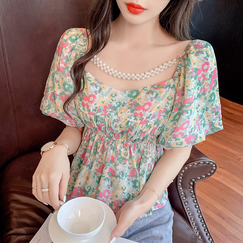MOOGU ♡ Korea blouse floral lengan pendek wanita atasan