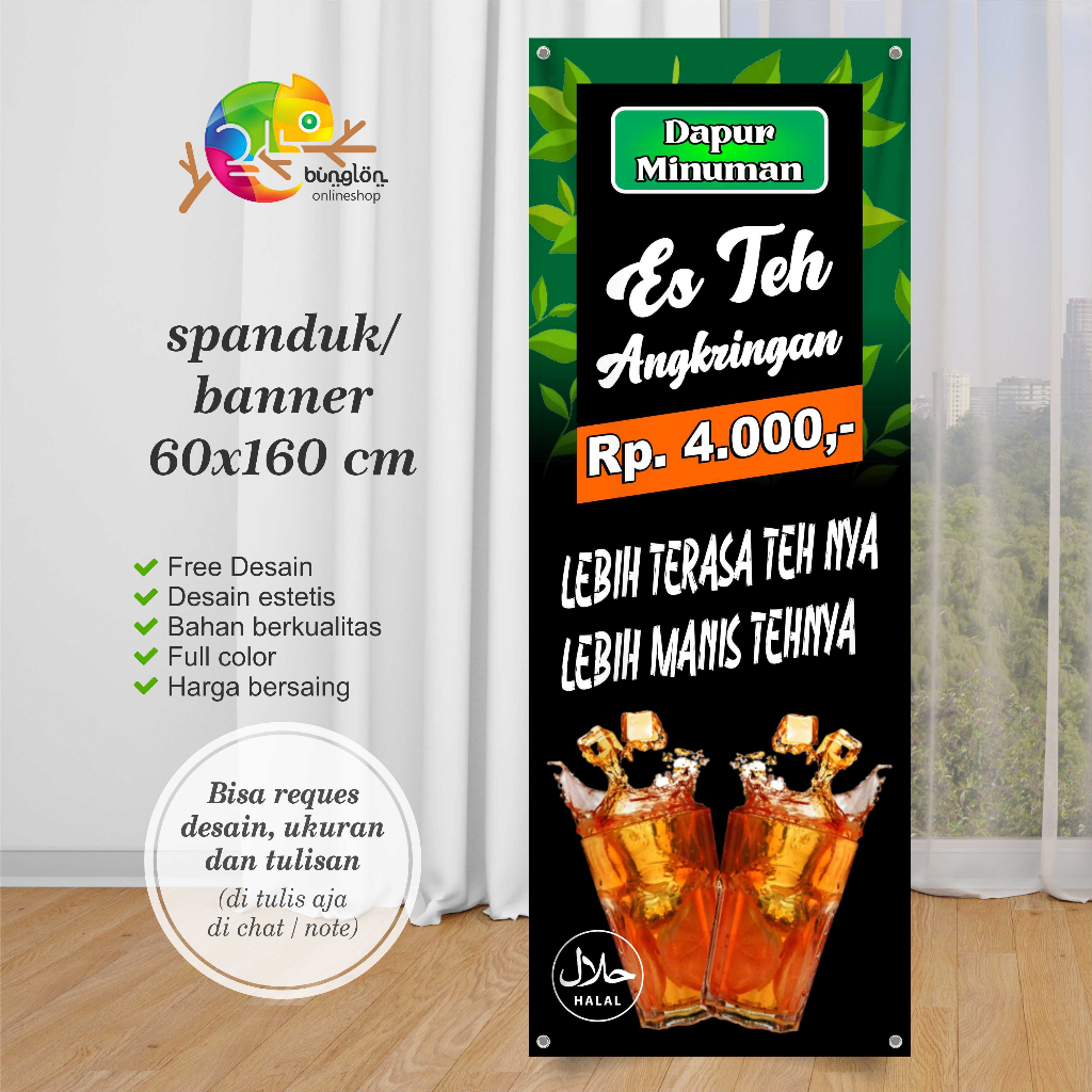Size 60x160 Spanduk Banner Es Teh, Teh Jumbo, Teh Poci, Teh Biasa