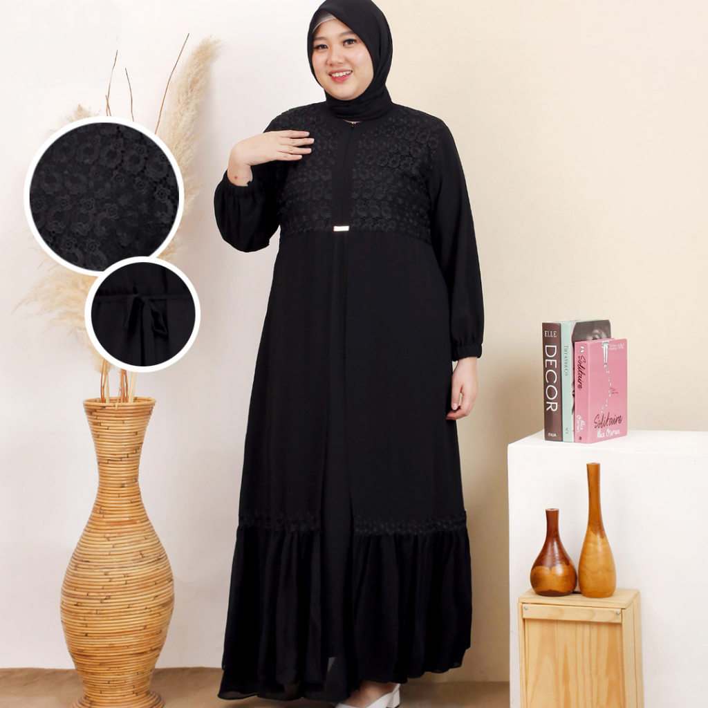 KKUM OFFICIAL Gamis Hitam SUPER JUMBO Polos Baju Lebaran Jetblack Busana Muslim Abaya Arab Hijab Dress Turki Brukat Wanita Terbaru