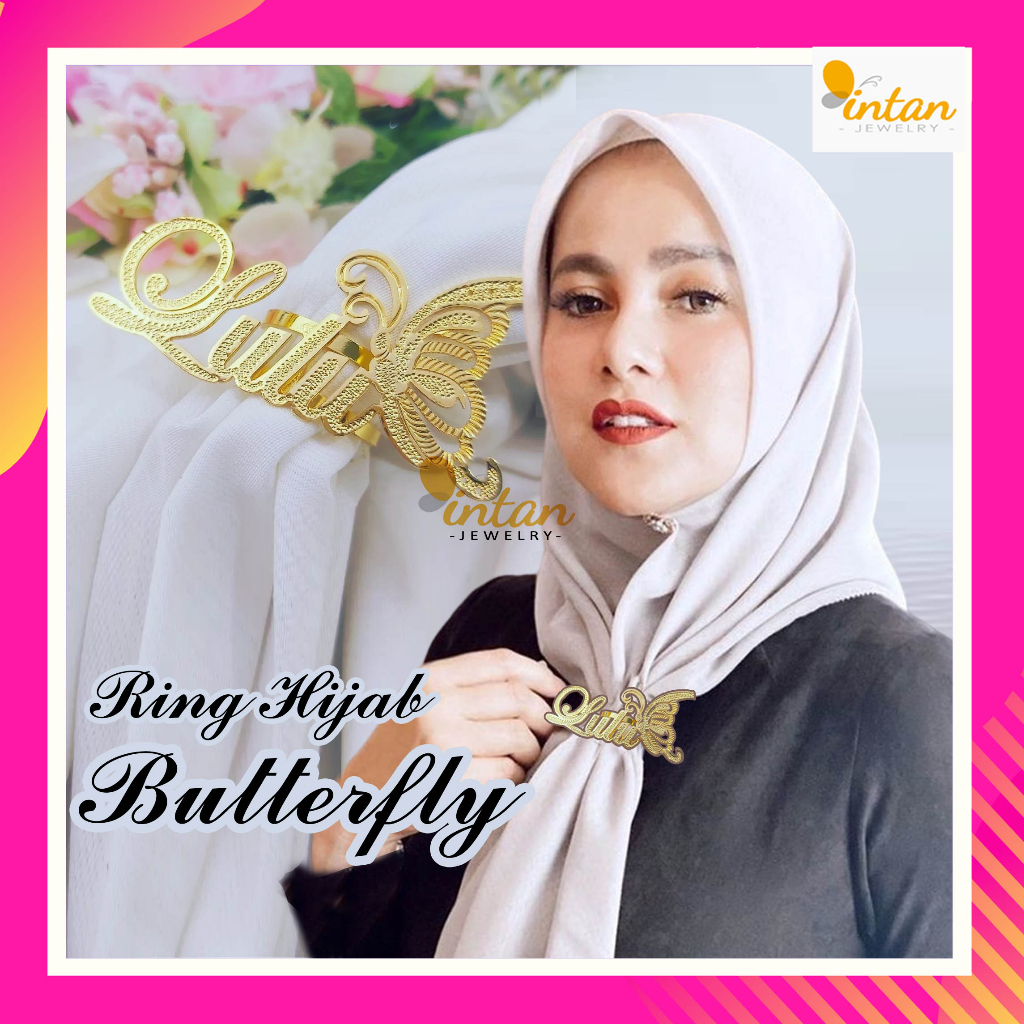 Ring Hijab Nama Butterfly Custom Ukir Nama Sendiri Kupu-kupu Inisial Huruf Bross Cincin Kolong Bros 