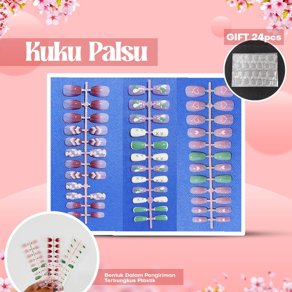 MSY Kuku Palsu 24pcs Kuku Palsu Non Box Free Lem Jelly 24pcs/Fake Nail Art Fashion Cute Free Lem Cair 1gr/Long nail decoration