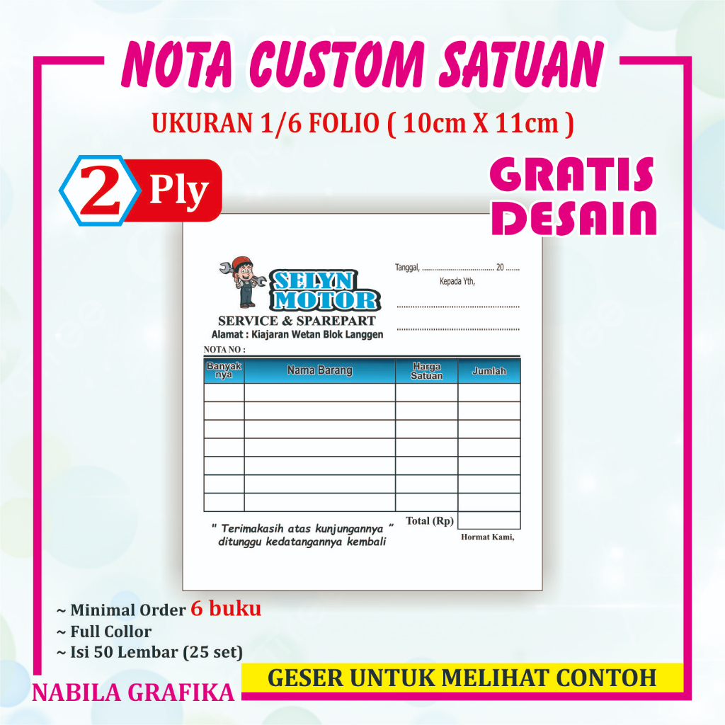 

Cetak nota custom 2 ply ukuran kecil 1/6 folio