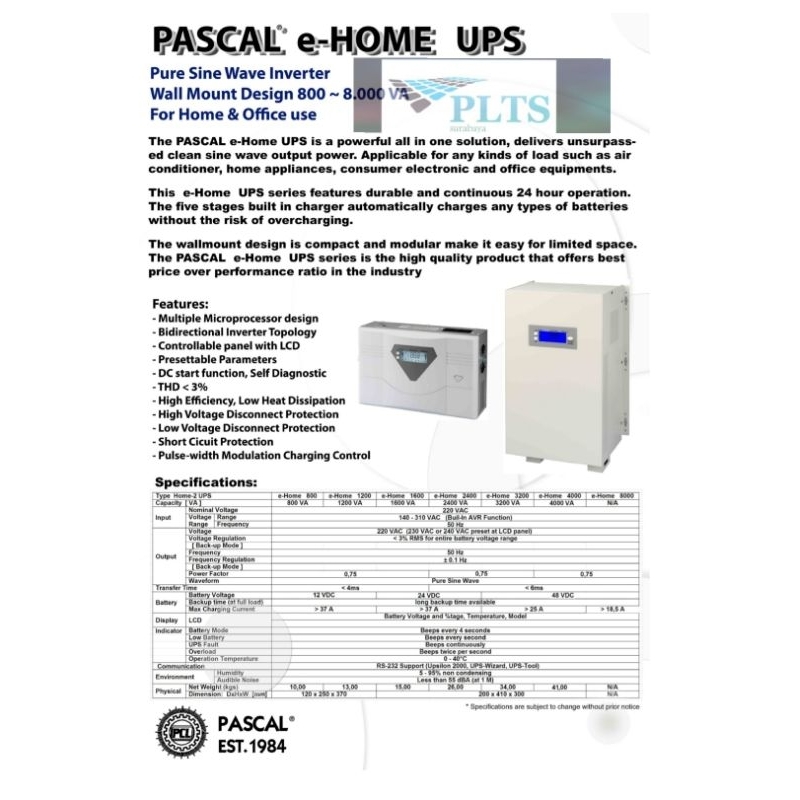 Ups Pascal E-Home 800va PureSinewave