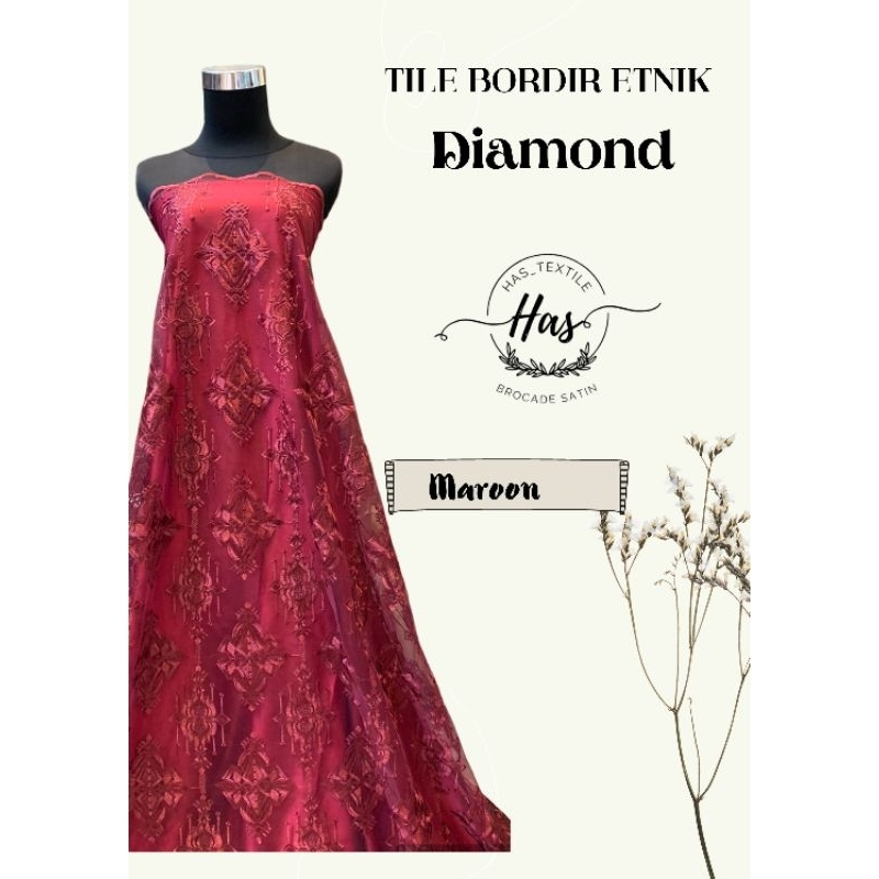 Bahan Kain Brokat Tile Etnik Keraton Diamond Warna Merah Maroon