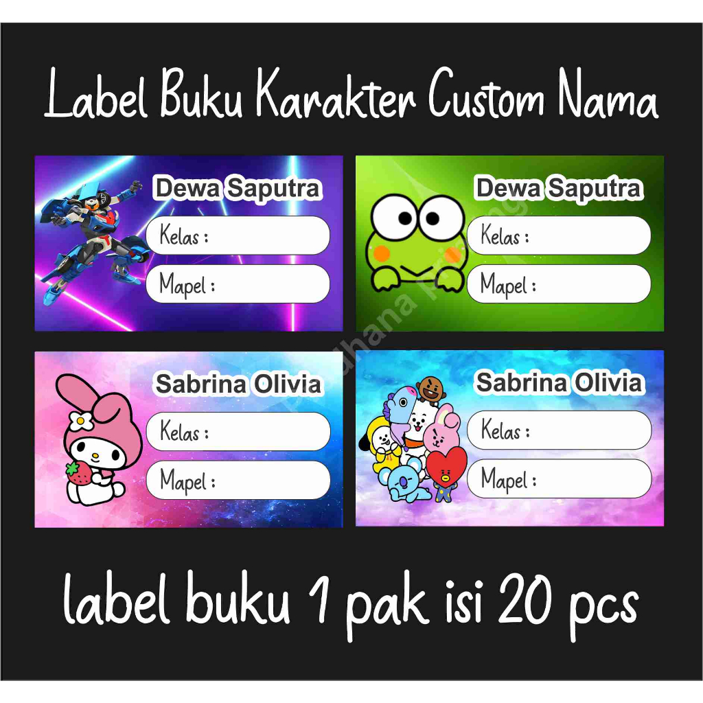 Stiker Label Buku karakter custom nama